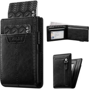 VULKIT Minimalist Wallet for Men – Pop Up Card Holder with RFID Blocking Slim Leather & Aluminum Front Pocket Wallet for Cash, Coins Navy(Black)