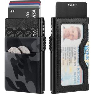 VULKIT Minimalist Wallet with ID Window & EDC Pocket Pop Up Card Holder RFID Blocking Slim Wallet Design for Airtag Cash Coins & Credit Cards(Black Camo)