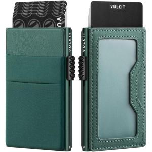 VULKIT Minimalist Wallet with ID Window & EDC Pocket Pop Up Card Holder RFID Blocking Slim Wallet Design for Airtag Cash Coins & Credit Cards(Midnight Green)