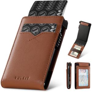 VULKIT Minimalist Wallet with Money Band RFID Wallet for Mens Pop Up Wallet Leather Wallet with ID Window & Elastic Band Closure(Brown)