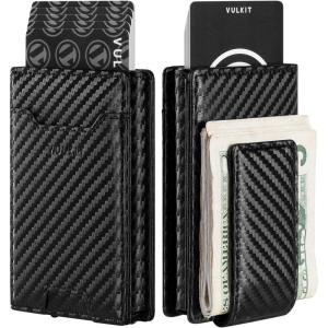 VULKIT Money Clip Wallet Pop Up Card Holder RFID Protection Mens Leather Wallet 2-IN-1 Business Card Holder For 7 Cards & 15 Bills(CF Black)