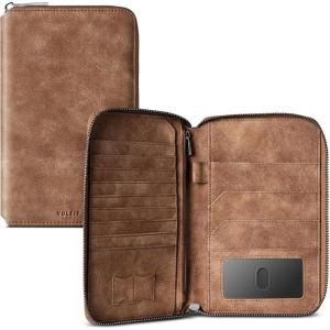 VULKIT Passport Holder for Travel Family, Multiple Travel Document Holder Wallet for a Family of 3-4, RFID Blocking Passport Bag, Document Organizer Pouch for Credit Cards, ID, Sim Card, Cash, Coins(Tan)
