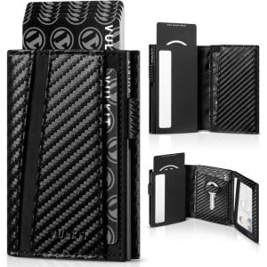 VULKIT Pop Up Card Holder Minimalist Wallet Metal Card Case RFID Blocking With Coin Pocket And Key Hole For Men Carbon Fiber Black(Carbon Fiber Black)