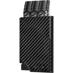 VULKIT Pop up Card Wallet RFID Blocking Slim Aluminum Metal Bank Card Holder Case with Business Money Pocket for Credit Cards Notes and Coins (Black)(Carbon Fiber Black)