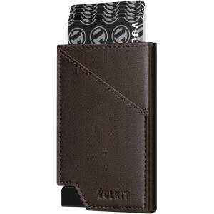 VULKIT Pop up Card Wallet RFID Blocking Slim Aluminum Metal Bank Card Holder Case with Business Money Pocket for Credit Cards Notes and Coins (Black)(Dark Brown)