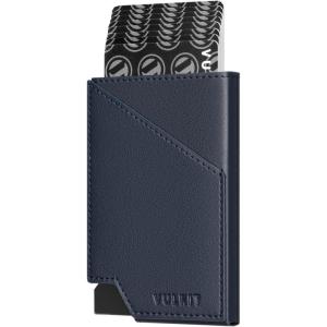 VULKIT Pop up Card Wallet RFID Blocking Slim Aluminum Metal Bank Card Holder Case with Business Money Pocket for Credit Cards Notes and Coins (Black)(Navy)