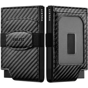 VULKIT Pop up Card Wallet with Money Strap Leather Front Pocket Card Holder with ID Window RFID Blocking Business Card Case for Men (Espresso)(Carbon Black)