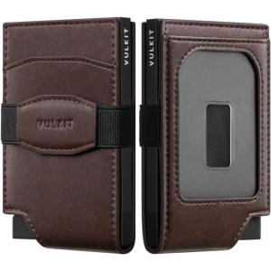 VULKIT Pop up Card Wallet with Money Strap Leather Front Pocket Card Holder with ID Window RFID Blocking Business Card Case for Men (Espresso)(Espresso)