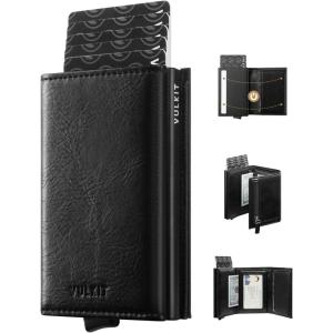 VULKIT Pop up Wallet RFID Blocking Leather Credit Card Wallet with Banknote Compartment, ID Window & Coin Pocket(Black)