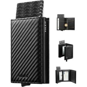 VULKIT Pop up Wallet RFID Blocking Leather Credit Card Wallet with Banknote Compartment, ID Window & Coin Pocket(Carbon Black)
