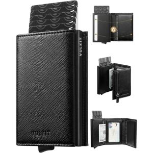 VULKIT Pop up Wallet RFID Blocking Leather Credit Card Wallet with Banknote Compartment, ID Window & Coin Pocket(Cross Black)