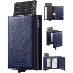 VULKIT Pop up Wallet RFID Blocking Leather Credit Card Wallet with Banknote Compartment, ID Window & Coin Pocket(Cross Navy)