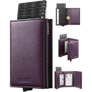 VULKIT Pop up Wallet RFID Blocking Leather Credit Card Wallet with Banknote Compartment, ID Window & Coin Pocket(Cross Wine)