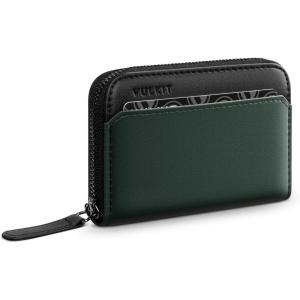 VULKIT RFID Blocking Credit Card Holder, Leather Business Card Holder Case, Minimalist Zipper Wallet, Charcoal Blue(Pine Green)
