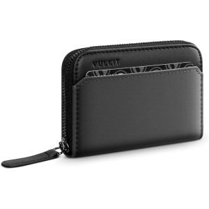 VULKIT RFID Blocking Credit Card Holder, Leather Business Card Holder Case, Minimalist Zipper Wallet, Charcoal Blue(Steel Gray)
