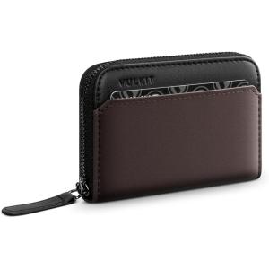 VULKIT RFID Blocking Credit Card Holder, Leather Business Card Holder Case, Minimalist Zipper Wallet, Charcoal Blue(Walnut Brown)