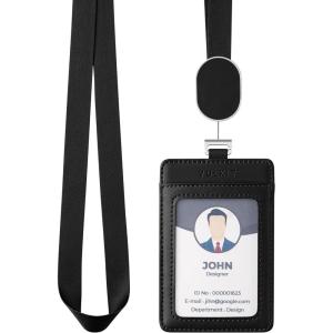 VULKIT Retractable Lanyard with Card Holder Vertical ID Badge Holder for Men or Women Bus Pass Holder ID Card Holders, Brown(Black)