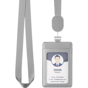 VULKIT Retractable Lanyard with Card Holder Vertical ID Badge Holder for Men or Women Bus Pass Holder ID Card Holders, Brown(Grey)