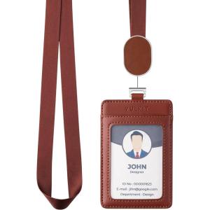 VULKIT Retractable Lanyard with Card Holder Vertical ID Badge Holder for Men or Women Bus Pass Holder ID Card Holders, Brown(Red)