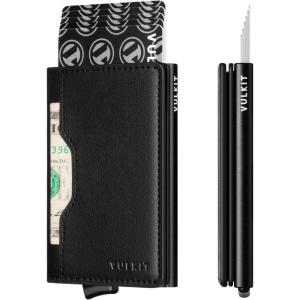 VULKIT Slim Pop up Wallet for Women Minimalist Credit Card Holder with Leather Slots Men’s Bifold RFID Blocking Metal Wallets(Black)