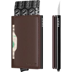 VULKIT Slim Pop up Wallet for Women Minimalist Credit Card Holder with Leather Slots Men’s Bifold RFID Blocking Metal Wallets(Dark Brown)