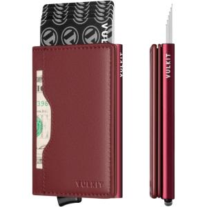 VULKIT Slim Pop up Wallet for Women Minimalist Credit Card Holder with Leather Slots Men’s Bifold RFID Blocking Metal Wallets(Ruby)