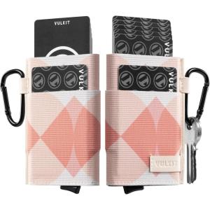 VULKIT Slim Wallet for Men and Women, Pop up Credit Card holder Metal Case RFID Blocking with Keychain and Elastic Pocket (Circle Blue)(Rhombic Pink)