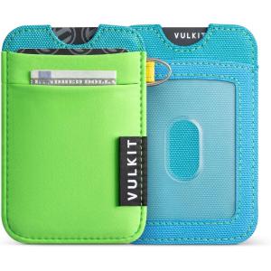 VULKIT Slim Wallet with Key Ring, RFID Blocking Card Holder Elastic Pocket – Minimalist 5+ Cards & ID Slot for Women Men Black(Bright green)