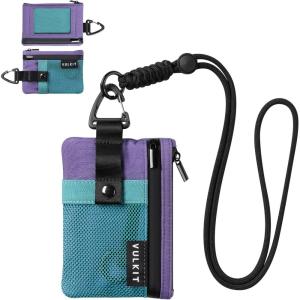 VULKIT Small Minimalist Wallet for Women and Men RFID Blocking, Zipper Coin Pouch with ID Window and Keychain, Water Resistant Travel Lanyard Wallet Blue(AauaGree Purple)