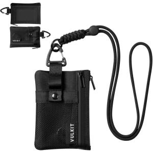 VULKIT Small Minimalist Wallet for Women and Men RFID Blocking, Zipper Coin Pouch with ID Window and Keychain, Water Resistant Travel Lanyard Wallet Blue(Black)