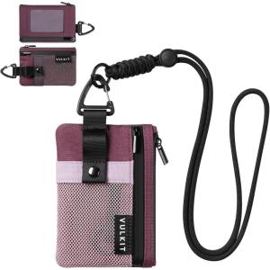 VULKIT Small Minimalist Wallet for Women and Men RFID Blocking, Zipper Coin Pouch with ID Window and Keychain, Water Resistant Travel Lanyard Wallet Blue(Wine Pink)