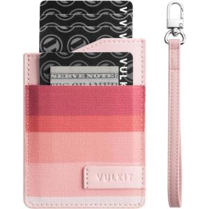 VULKIT Small Wallet for Women, Slim RFID Leather Credit Card Holder for Men, Mini Thin Purse with Wristlet Keychain(Leopard-Khaki)(Pink)