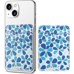 VULKIT Stick on Card Holder Compatible for iphone Leather Cell Phone Wallet Credit Card Case Strong Sticker for Women(Blue Bloom)
