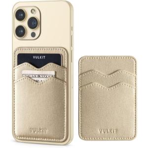 VULKIT Stick on Card Holder Compatible for iphone Leather Cell Phone Wallet Credit Card Case Strong Sticker for Women(Gold)