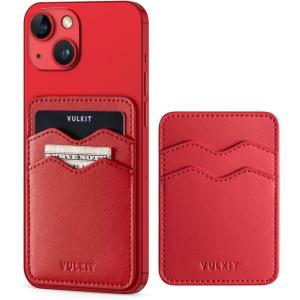 VULKIT Stick on Card Holder Compatible for iphone Leather Cell Phone Wallet Credit Card Case Strong Sticker for Women(Red)