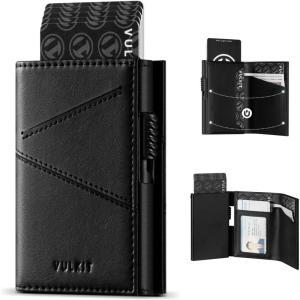 VULKIT Trifold Pop Up Men Wallet Leather RFID Blocking Credit Card Holder Metal Card Case, Hold 10 Cards and Bills, Black, Minimalist(Black)