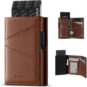 VULKIT Trifold Pop Up Men Wallet Leather RFID Blocking Credit Card Holder Metal Card Case, Hold 10 Cards and Bills, Black, Minimalist(Brown)