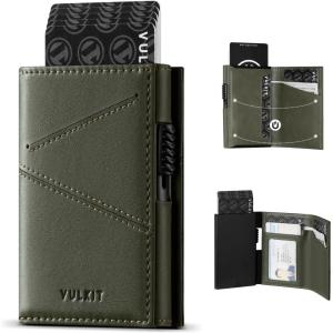 VULKIT Trifold Pop Up Men Wallet Leather RFID Blocking Credit Card Holder Metal Card Case, Hold 10 Cards and Bills, Black, Minimalist(Green)