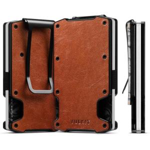 VULKIT Wallet for Men Slim Wallet with Money Clip, RFID Blocking Metal Wallet, Card Holder Mens for 15+ Cards(Classic Brown)