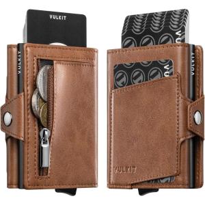 VULKIT Wallet for Men with Pop Up Card Holder 10-12 Cards, Trifold RFID Blocking Credit Card Wallet with ID Window, Cash Slot, Zip Coin Pocket, Minimalist Smart Compact Metal Aluminum Card Case(Coffee Brown)