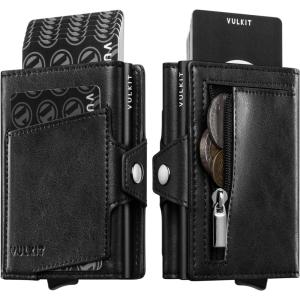VULKIT Wallet for Men with Pop Up Card Holder 10-12 Cards, Trifold RFID Blocking Credit Card Wallet with ID Window, Cash Slot, Zip Coin Pocket, Minimalist Smart Compact Metal Aluminum Card Case(Jet Black)