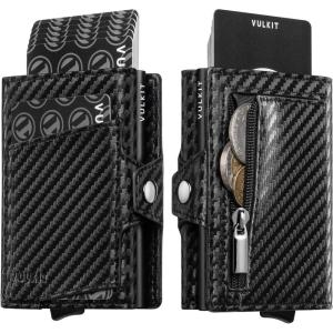 VULKIT Wallet for Men with Pop Up Card Holder 10-12 Cards, Trifold RFID Blocking Credit Card Wallet with ID Window, Cash Slot, Zip Coin Pocket, Minimalist Smart Compact Metal Aluminum Card Case(Carbon Fiber)