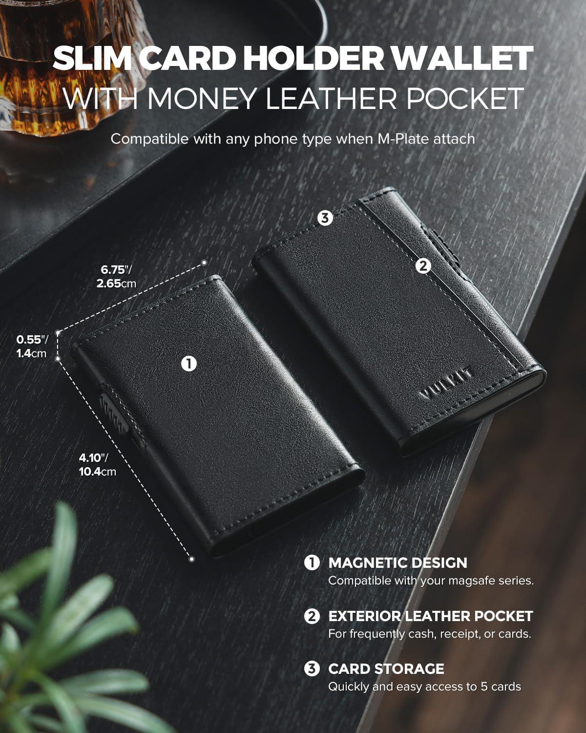image:imageVULKIT Magnetic Wallet Card Holder Phone Card Holders Slim Leather Pop Up Case NFCRFID Blocking Compatible with iPhone 1615141312 Series Royal GreenBlack