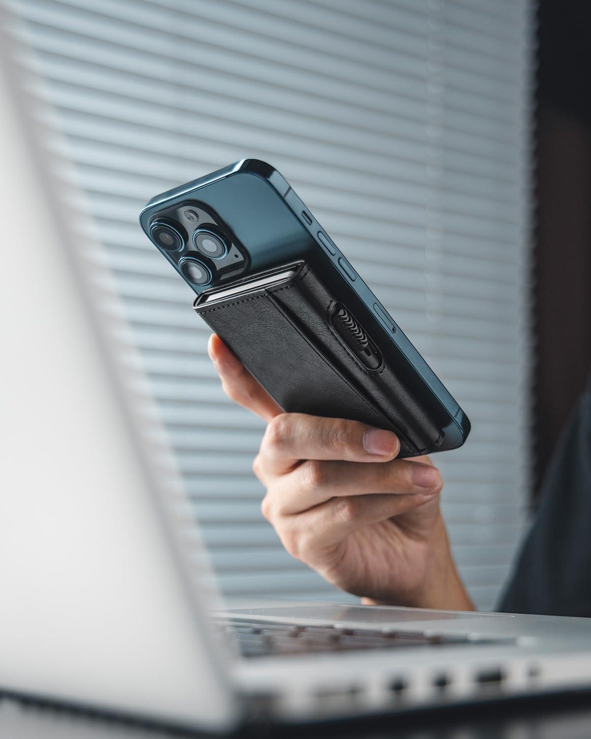 image:imageVULKIT Magnetic Wallet Card Holder Phone Card Holders Slim Leather Pop Up Case NFCRFID Blocking Compatible with iPhone 1615141312 Series Royal GreenBlack