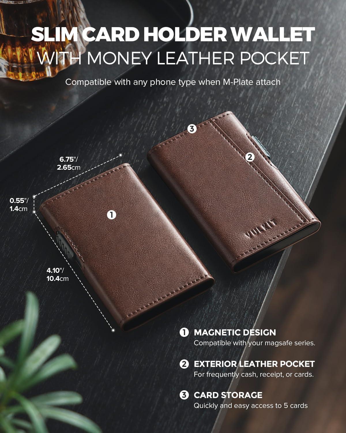 image:imageVULKIT Magnetic Wallet Card Holder Phone Card Holders Slim Leather Pop Up Case NFCRFID Blocking Compatible with iPhone 1615141312 Series Royal GreenBrown