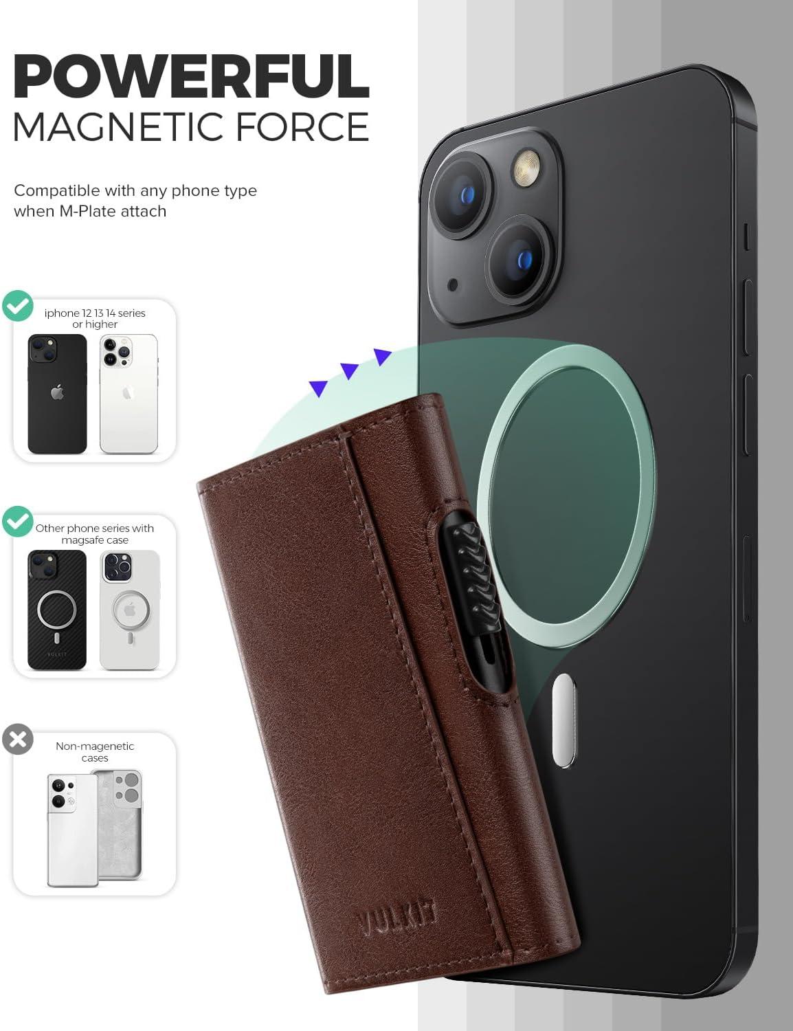 image:imageVULKIT Magnetic Wallet Card Holder Phone Card Holders Slim Leather Pop Up Case NFCRFID Blocking Compatible with iPhone 1615141312 Series Royal GreenBrown