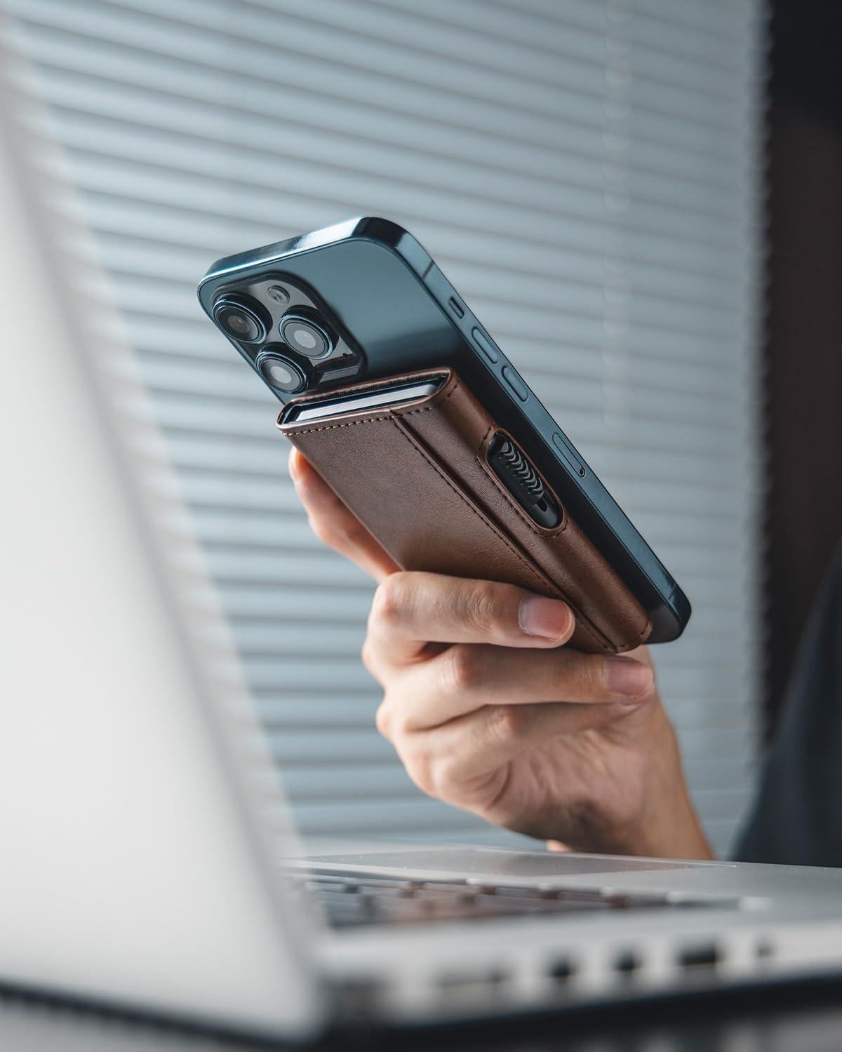 image:imageVULKIT Magnetic Wallet Card Holder Phone Card Holders Slim Leather Pop Up Case NFCRFID Blocking Compatible with iPhone 1615141312 Series Royal GreenBrown