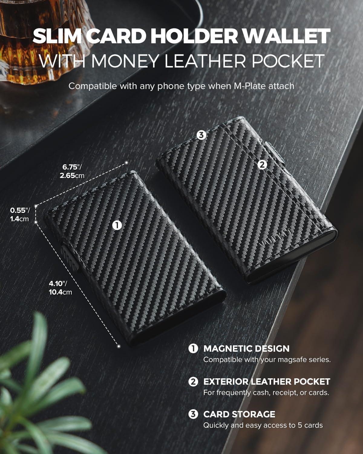 image:imageVULKIT Magnetic Wallet Card Holder Phone Card Holders Slim Leather Pop Up Case NFCRFID Blocking Compatible with iPhone 1615141312 Series Royal GreenCarbon Fiber Black