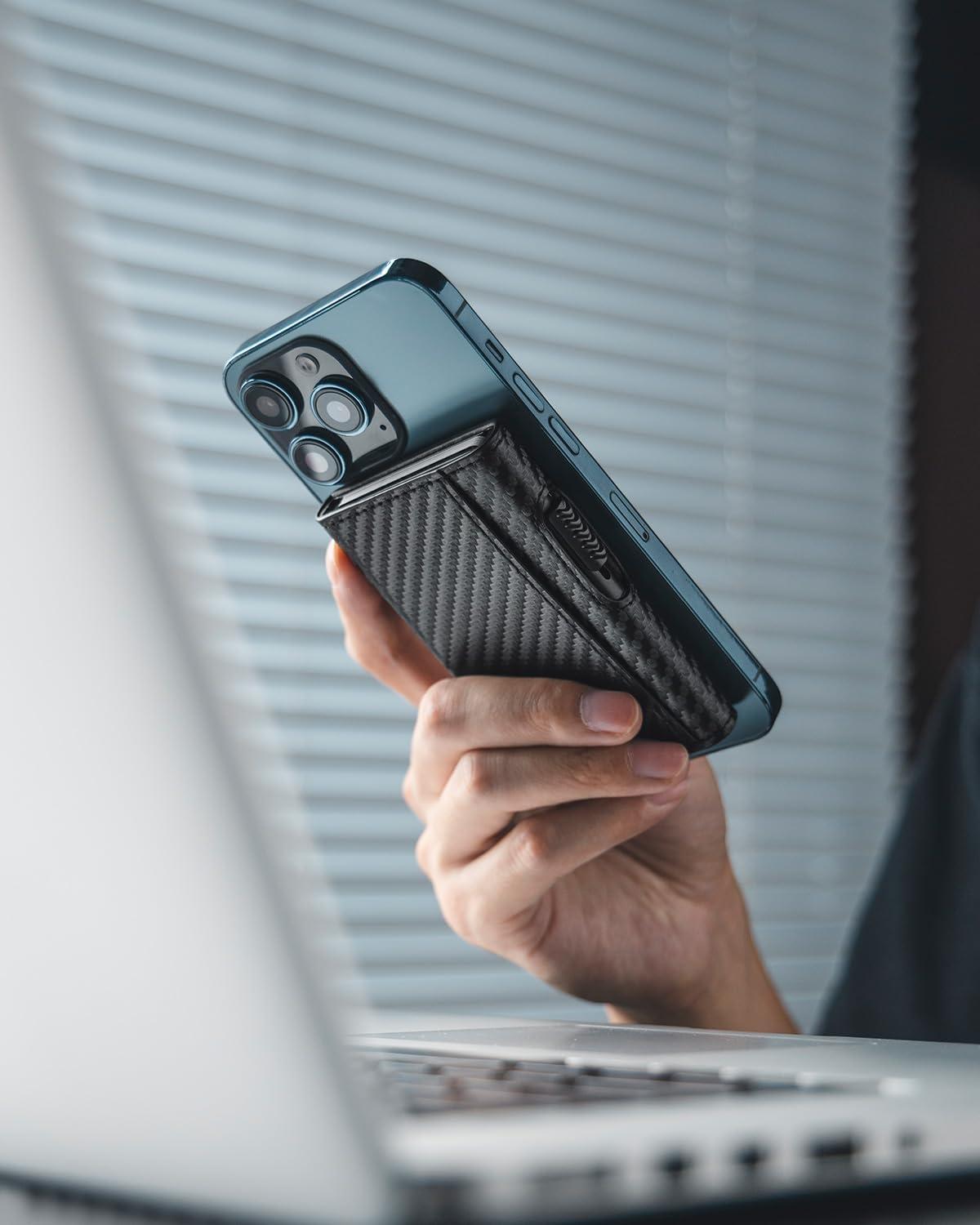 image:imageVULKIT Magnetic Wallet Card Holder Phone Card Holders Slim Leather Pop Up Case NFCRFID Blocking Compatible with iPhone 1615141312 Series Royal GreenCarbon Fiber Black