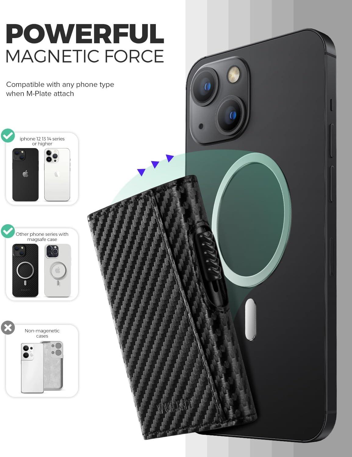 image:imageVULKIT Magnetic Wallet Card Holder Phone Card Holders Slim Leather Pop Up Case NFCRFID Blocking Compatible with iPhone 1615141312 Series Royal GreenCarbon Fiber Black